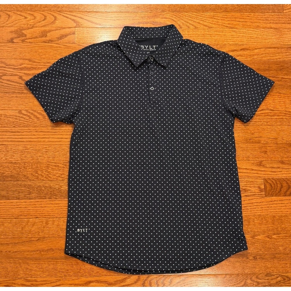 BYLT Lux Polo Golf Shirt Mens Large Navy Polka Dot Short Sleeve Stretch Casual